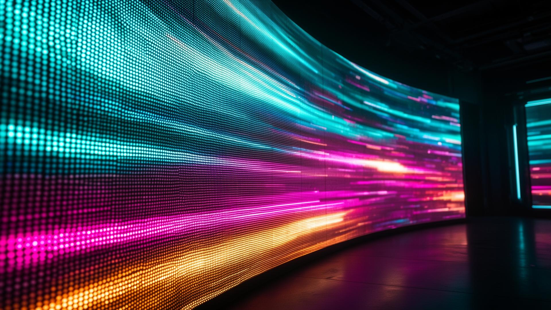 Curved LED video wall glowing in cyan, magenta and amber